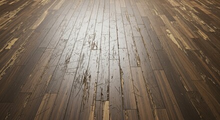 Obraz premium Close-up view of a worn hardwood floor featuring deep scratches, heavy scuffs, and chipped wood planks showing signs of long-term aging and use, distressed, home, background