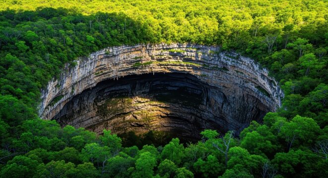 A wide circular sinkhole opens up in the center of a dense emerald forest, revealing layers of ancient limestone and deep dark shadows, preservation, landscape, opening