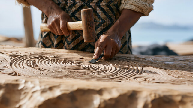 Maori craftsman carving a spiral koru pattern into a large piece of kauri wood outside a workshop, mallet and chisel in hand, indigenous art, cultural heritage craft, New Zealand
