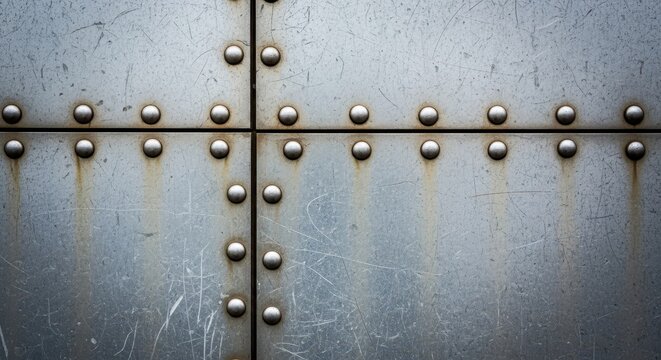 Close-up view of industrial metal panels featuring rows of steel rivets on a weathered surface, creating a strong heavy-duty construction look, pattern, texture, ship