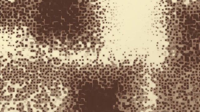 Minimalist abstract background animation loop featuring monochrome pixelated/scattered beige cube patterns transitioning with dense darker noise and digital grain aesthetics