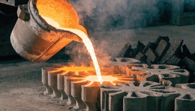 Close medium view of highchrome alloy impellers being cast showcasing the intense heat and metallic sheen as molten material meets the intricate sand molds.