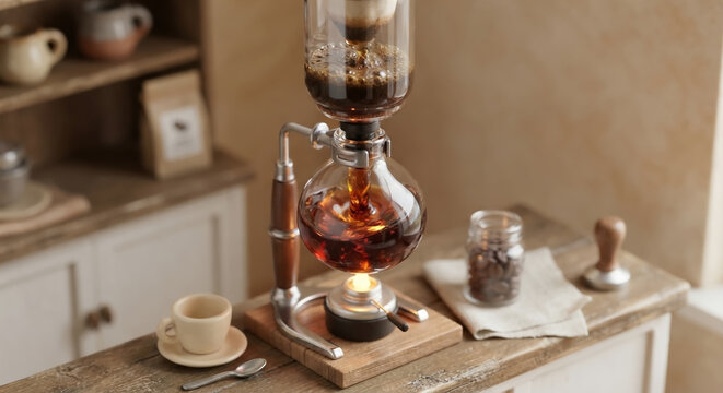 Miniature-style coffee siphon brewing coffee on a wooden table.