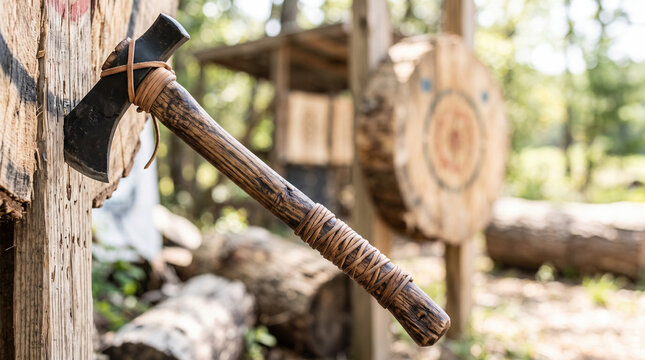Axe embedded in wooden target at outdoor axe throwing range, showcasing natural setting with sunlight filtering through trees. Axe throwing offers exciting outdoor activity for adventure seekers.