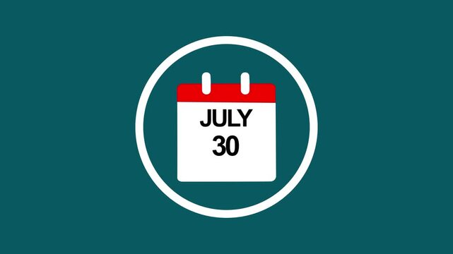 July 30 calendar date animation, minimalist flat for scheduling and planning