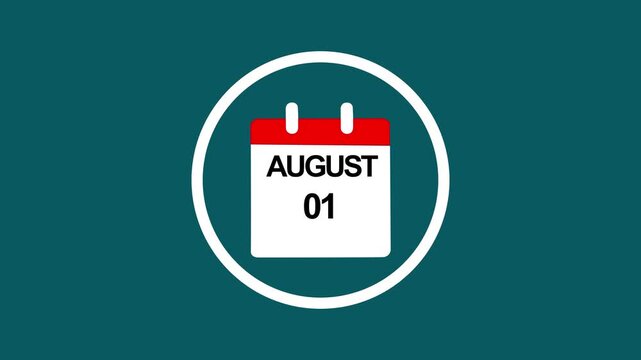 Animated calendar page turning to august 1st date for scheduling and planning