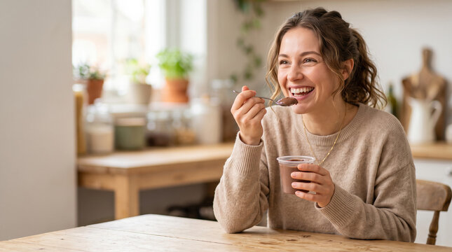 Happy woman enjoying dessert with pudding cup at wooden table in cozy kitchen. Woman smiles while holding spoon and savoring pudding dessert for a delightful moment of enjoyment.