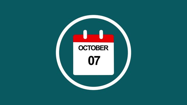 October 7th calendar date animation on teal background, for event planning, and scheduling
