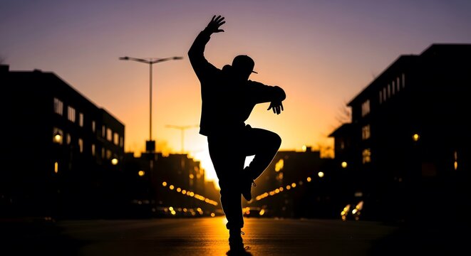 Man dancing alone on urban road at dusk. Silhouette of male dancer performing on city street