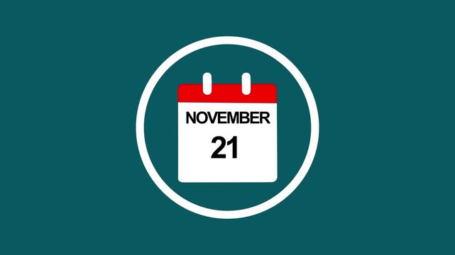 November 21 calendar date animation: minimalist flat for scheduling, planning, and business deadlines