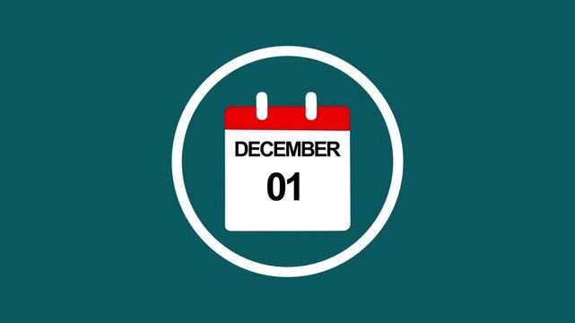 December 1st calendar date animation on teal background, for seasonal planning, and scheduling
