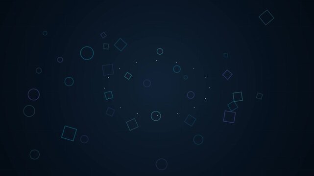 Geometric shapes float on a dark background with a white space below