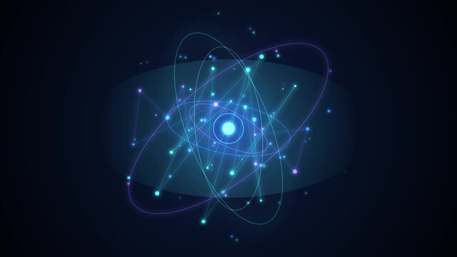 A vibrant digital illustration of an atom with glowing blue and purple electrons orbiting around the nucleus on a dark background.