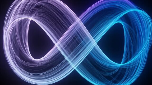 Infinity symbol glowing in neon blue light. Abstract endless loop design with futuristic digital energy effects.