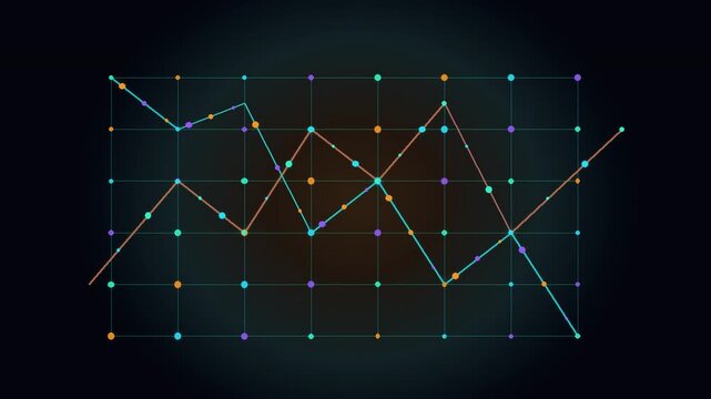 A graph displays multiple colorful lines and dots on a grid.