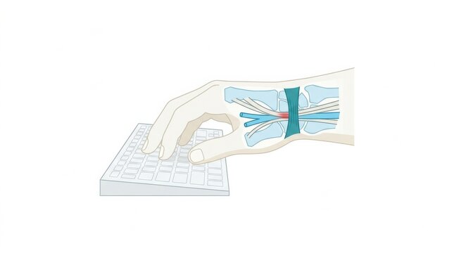 A hand is shown resting on a keyboard while illustrating the anatomy of carpal tunnel. This highlights workplace wellness and ergonomics.