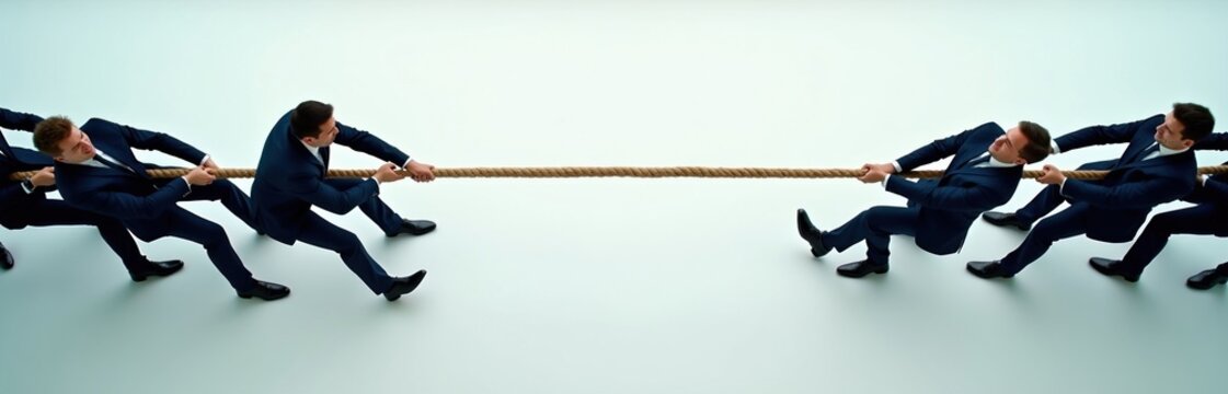 Business people in formal suits play tug of war. Professional office teams pull thick rope against in intense corporate competition. Group members struggle for success, victory. Confident men show