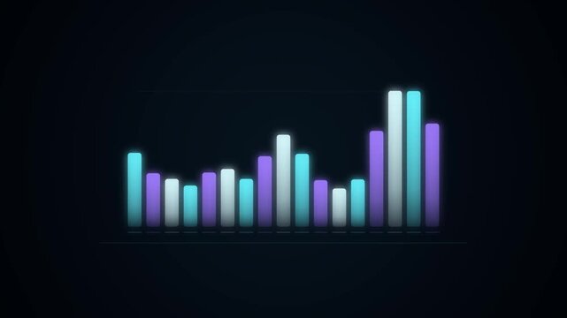 A colorful bar graph displays statistics on a black background with purple, blue, and white bars.