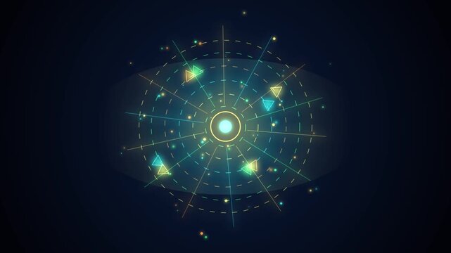 Astronomers observe vibrant celestial map with glowing lines and stars in space.