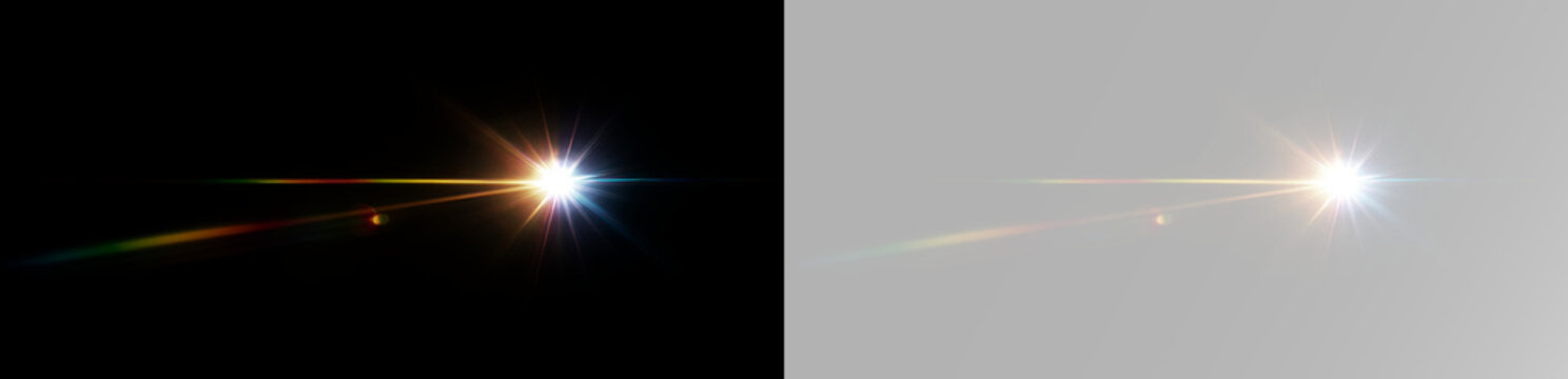 White cinematic lens flare with radiant star light glowing optical beams realistic sparkle overlay texture effect