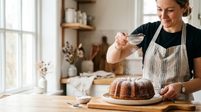 Woman dusting a Bundt cake with powdered sugar in a bright, airy kitchen, close-up on baking action and natural light.