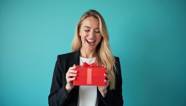 Young blonde businesswoman wears formal black blazer holds red gift box. Happy female pro opens present with excited smile. Cheerful lady enjoys surprise inside package at office. Smiling confident