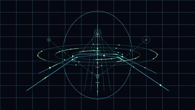 A futuristic green graphic illustration depicts abstract lines and circles on a grid background.