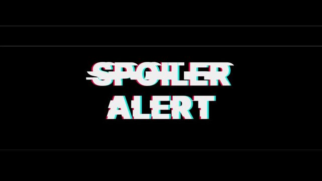Spoiler alert glitch text loop animation on black chroma key alpha channel background