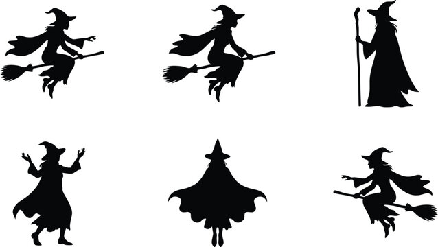 Mystical witches flying on broomsticks casting spells silhouette collection fantasy Halloween folklore magical dark art illustration design vector