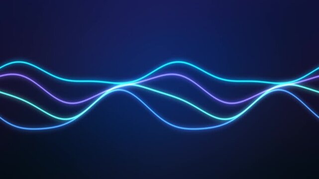 Vibrant blue, purple, and green neon light waves undulate across a dark background.
