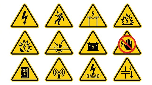 Set of warning signs for electrical safety features high voltage alerts and lockout tagout instructions for safe operations.
