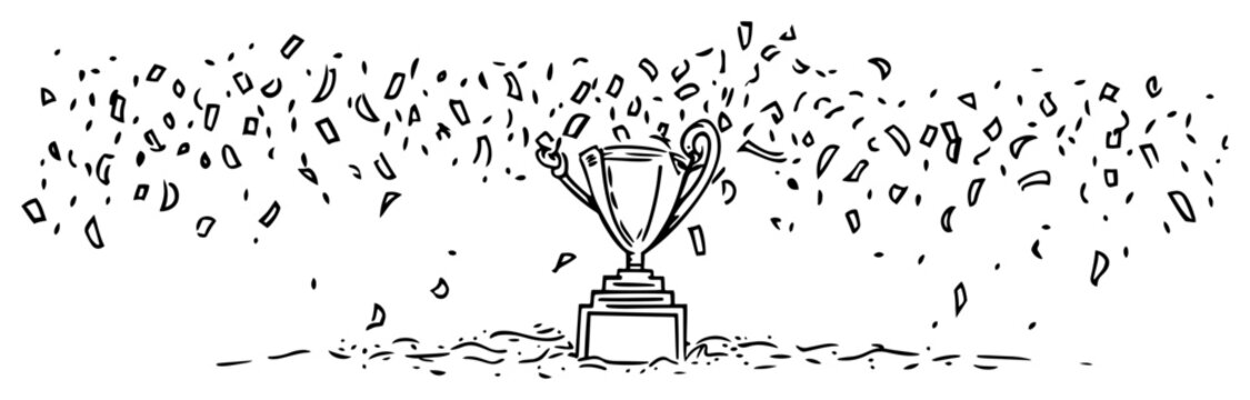 Winner trophy cup with falling confetti celebrating success in hand drawn sketch style