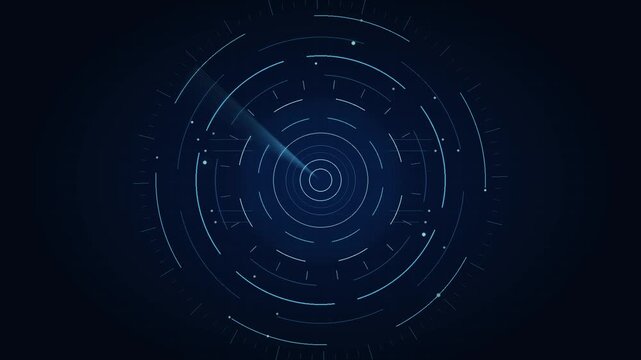 A futuristic blue graphic design with circular lines and dots on a dark background.