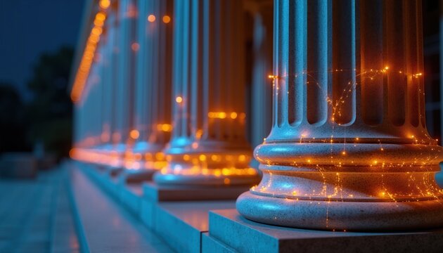 Marble columns with glowing orange light strings depict digital law, technology in governance. Abstract legal network connections show innovation in justice system. Futuristic courthouse concept with