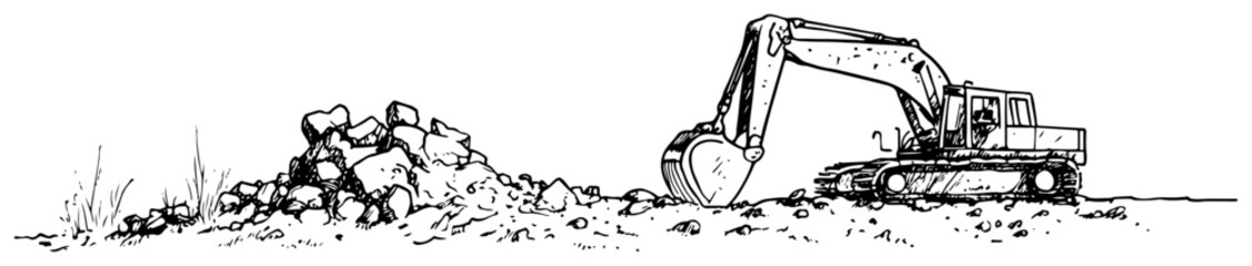 Heavy excavator machine working on construction site with rock pile in hand drawn sketch style © Kaz