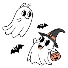 Fototapeta premium Set of cloth Ghosts. Flying Phantoms. Halloween scary ghostly monsters. Cute cartoon spooky characters. Holiday Silhouettes. Hand drawn trendy Vector illustration. All elements are isolated