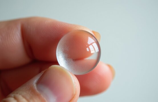 Close up view of finger holding clear synthetic intraocular lens for cataract surgery. Tiny transparent medical implant device used in ophthalmology treatment to replace cloudy human eye lens. Pro