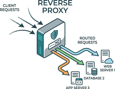 Reverse proxy server diagram shows client requests being routed to various backends.
