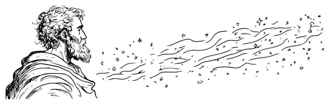 Bearded man profile with magical stars and wind swirls in artistic sketch style