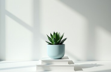 Fototapeta premium Potted succulent sits on stacked books. Clean background with soft light and shadow. Minimalist home decor item on white surface. Space for text.