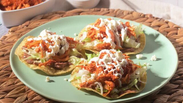 Traditional Mexican cuisine. Tasty chicken tinga tostadas on a plate. Direct flash video