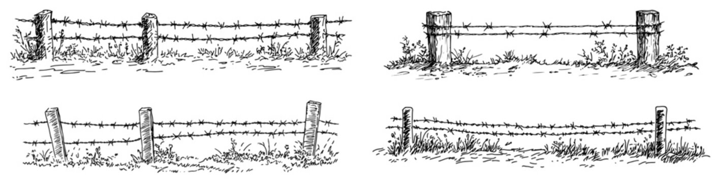 Barbed wire fence variations with wooden posts on grass in hand drawn sketch style