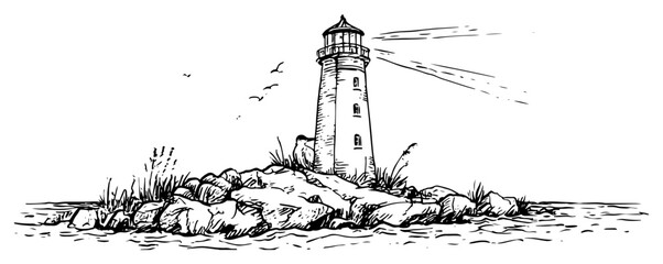 Obraz premium Lighthouse standing on a rocky island surrounded by sea waves in minimalist hand drawn sketch style