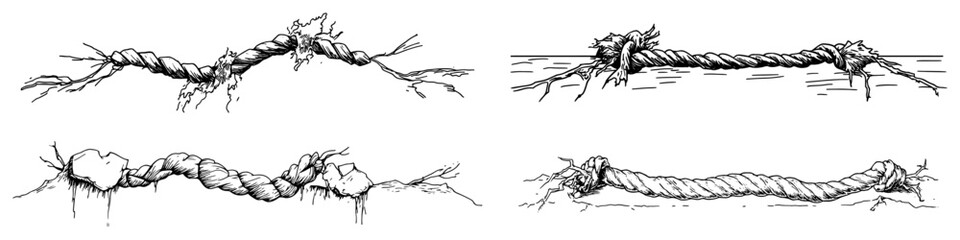 Twisted hemp rope strands breaking and fraying under high tension in hand drawn sketch style © Kaz