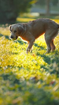 Golden retriever puppy playfully explores grassy park area, sniffing and searching for a ball, sunlight illuminating the vibrant green surroundings