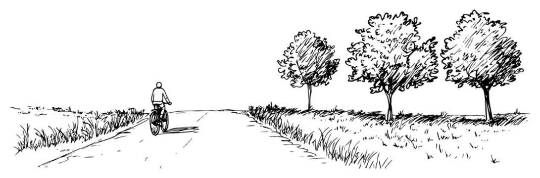 Cyclist riding bicycle on long straight road through landscape with trees hand drawn sketch style