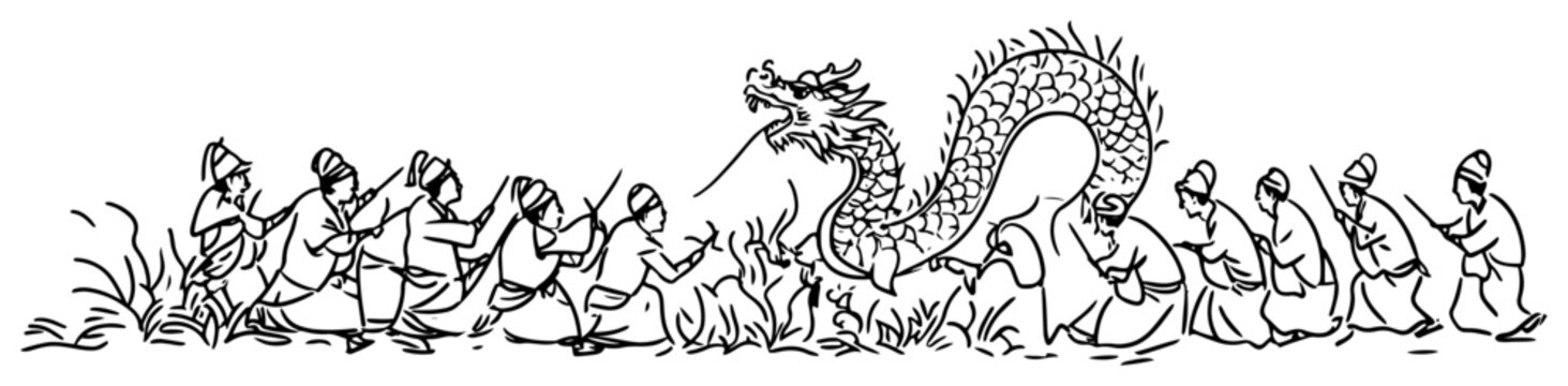 Dragon dance performance with group of people in traditional Asian attire in hand drawn sketch style