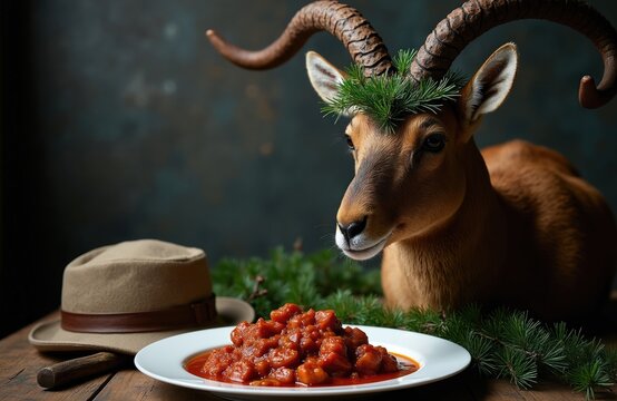Chamois trophy head decorated with pine branches sits near traditional venison goulash plate on wooden table. Hunter hat rests beside meal celebrating successful wildlife hunt in setting. Rustic