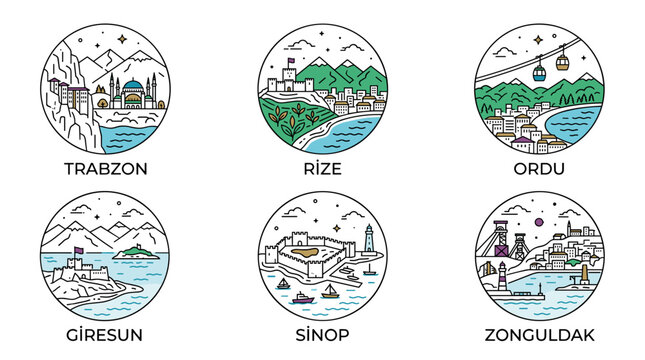 Turkey Black Sea Coastal Travel Icon Set &ndash; Trabzon Rize Ordu Giresun Sinop Zonguldak Vector Illustration