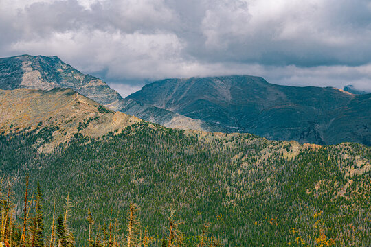 Heavy storm clouds roll over rugged mountain ridges above a dense subalpine conifer forest.
